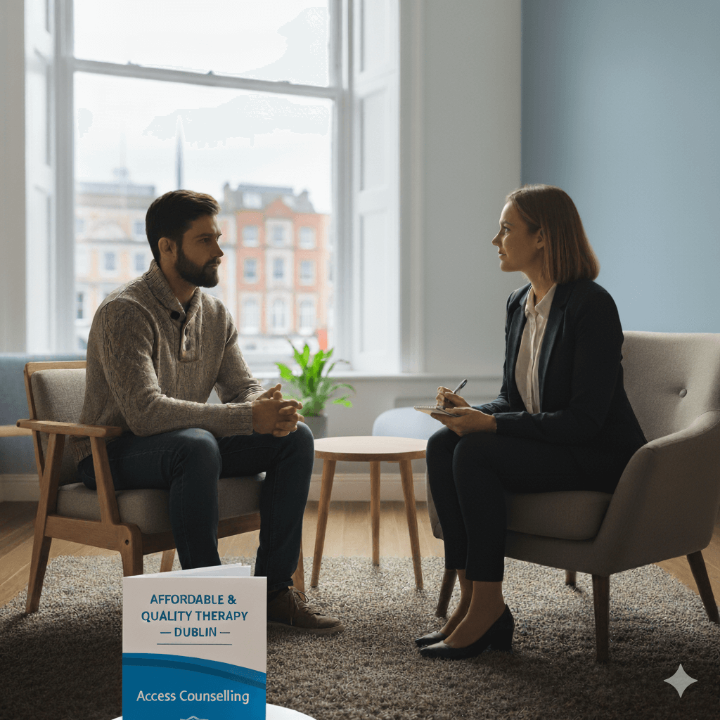 A male patient and a female counsellor seated in a comfortable, modern room with a large window overlooking Dublin city. A brochure on a coffee table in the foreground reads 'Affordable & Quality Therapy - Dublin - Access Counselling