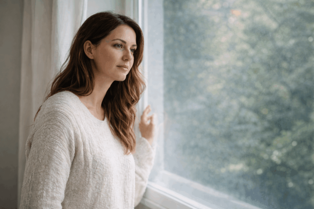 Thoughtful woman standing by a window, looking outside, reflecting on readiness for self-esteem counselling.