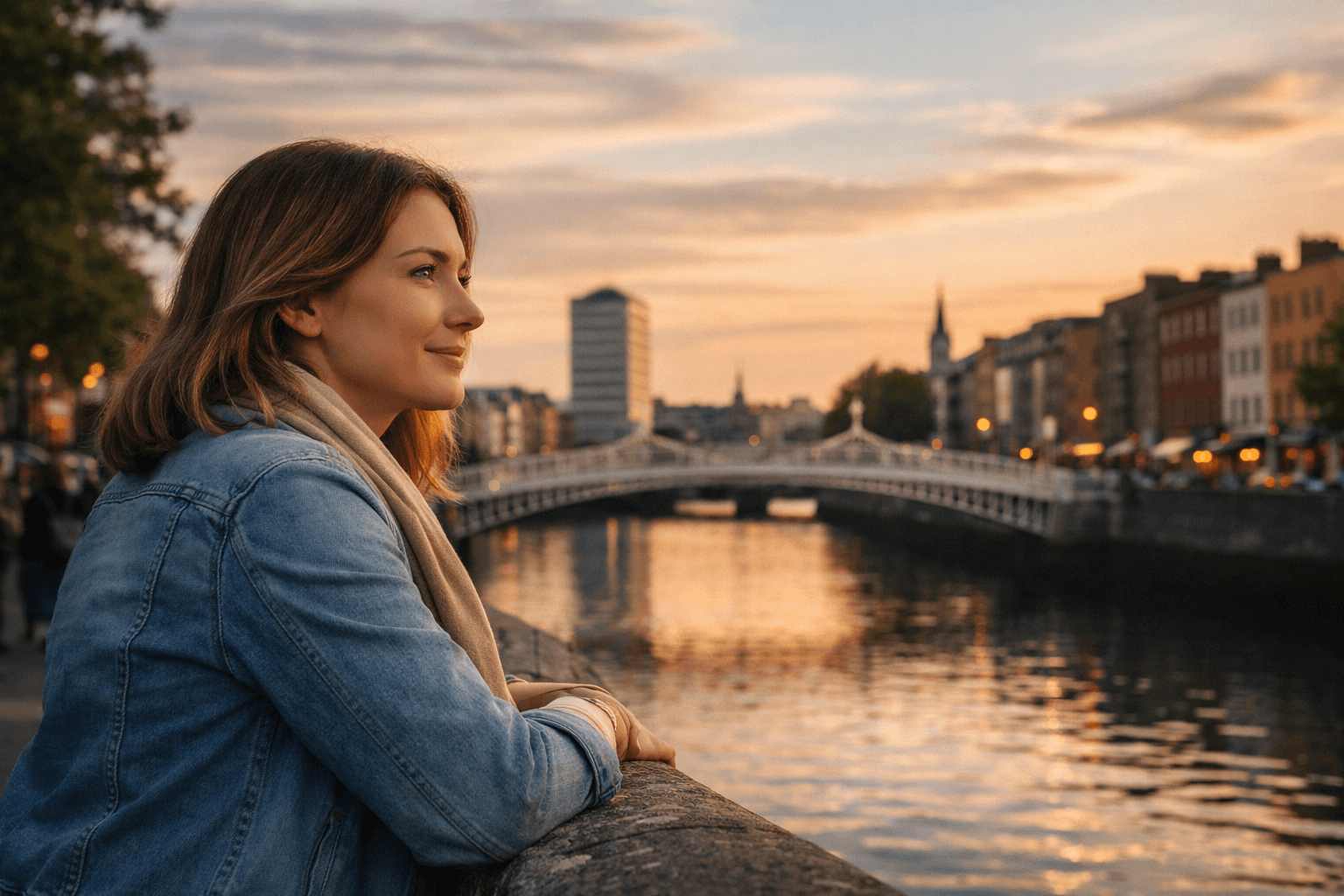 Thoughtful woman by the River Liffey in Dublin, representing self-reflection and self-esteem counselling Dublin.
