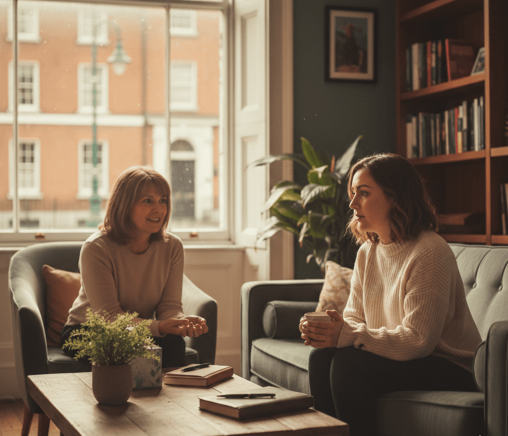 Woman in a self-esteem counselling Dublin session within a bright, professional therapy room overlooking the city.