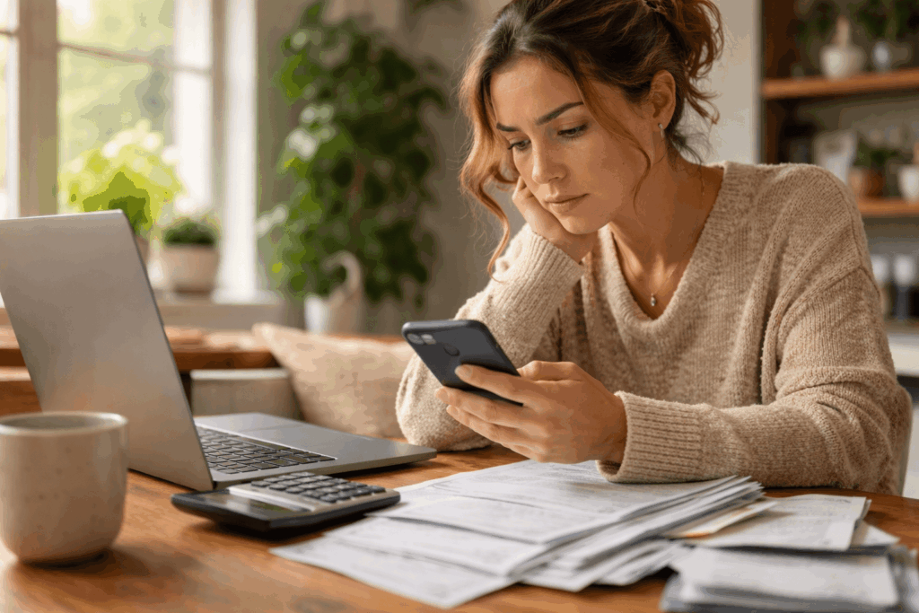 Woman reviewing bills at home while searching online for affordable counselling.