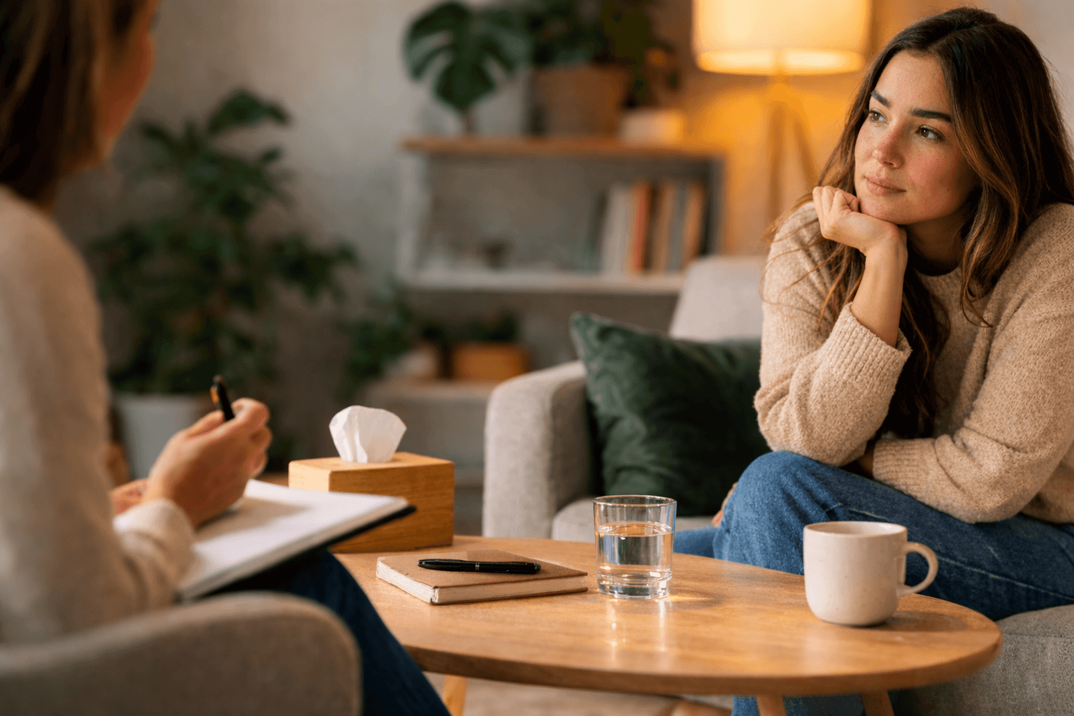 Person speaking with a therapist during an affordable counselling session in a comfortable therapy office.