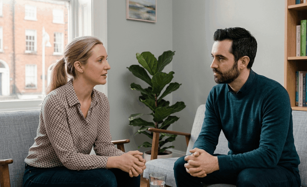 Couple sitting face-to-face during a couples counselling session in a Dublin clinic