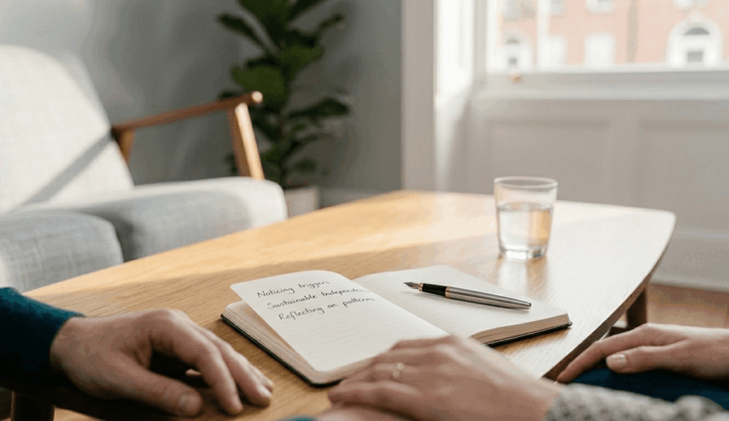 Close-up of a notepad and pen on a coffee table during a couples counselling session in Dublin