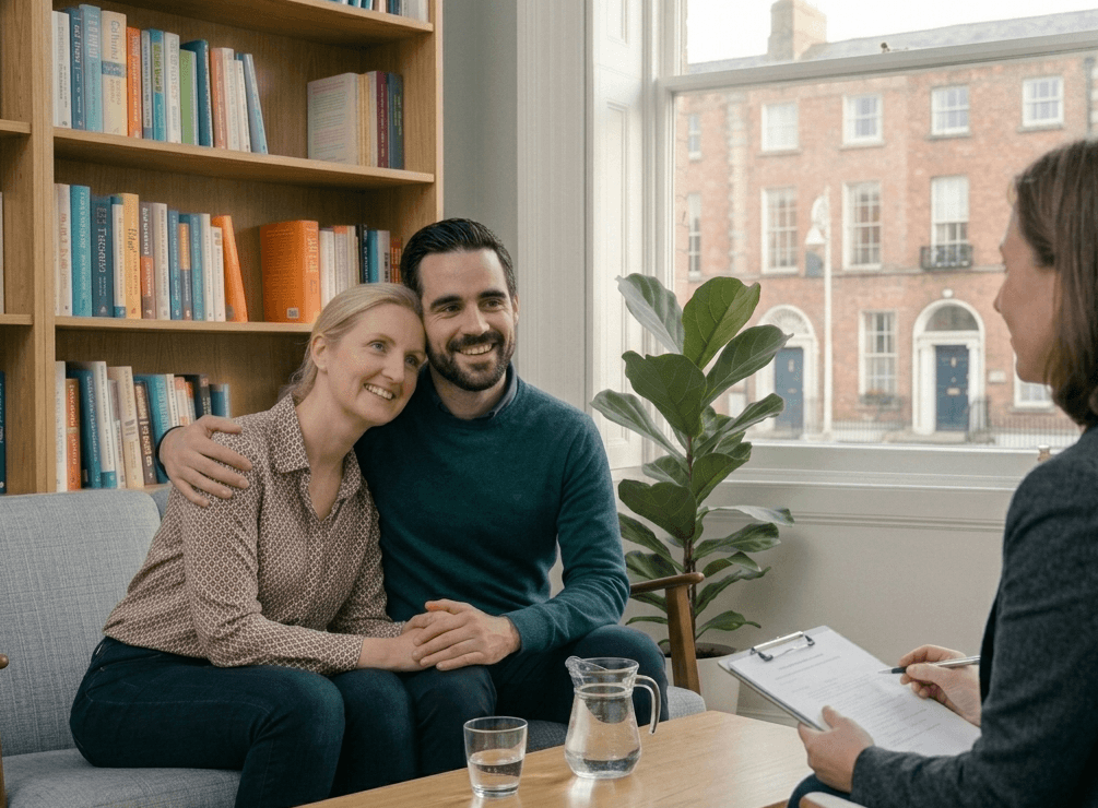 Couple showing comfort and connection during a couples counselling session with a therapist in Dublin