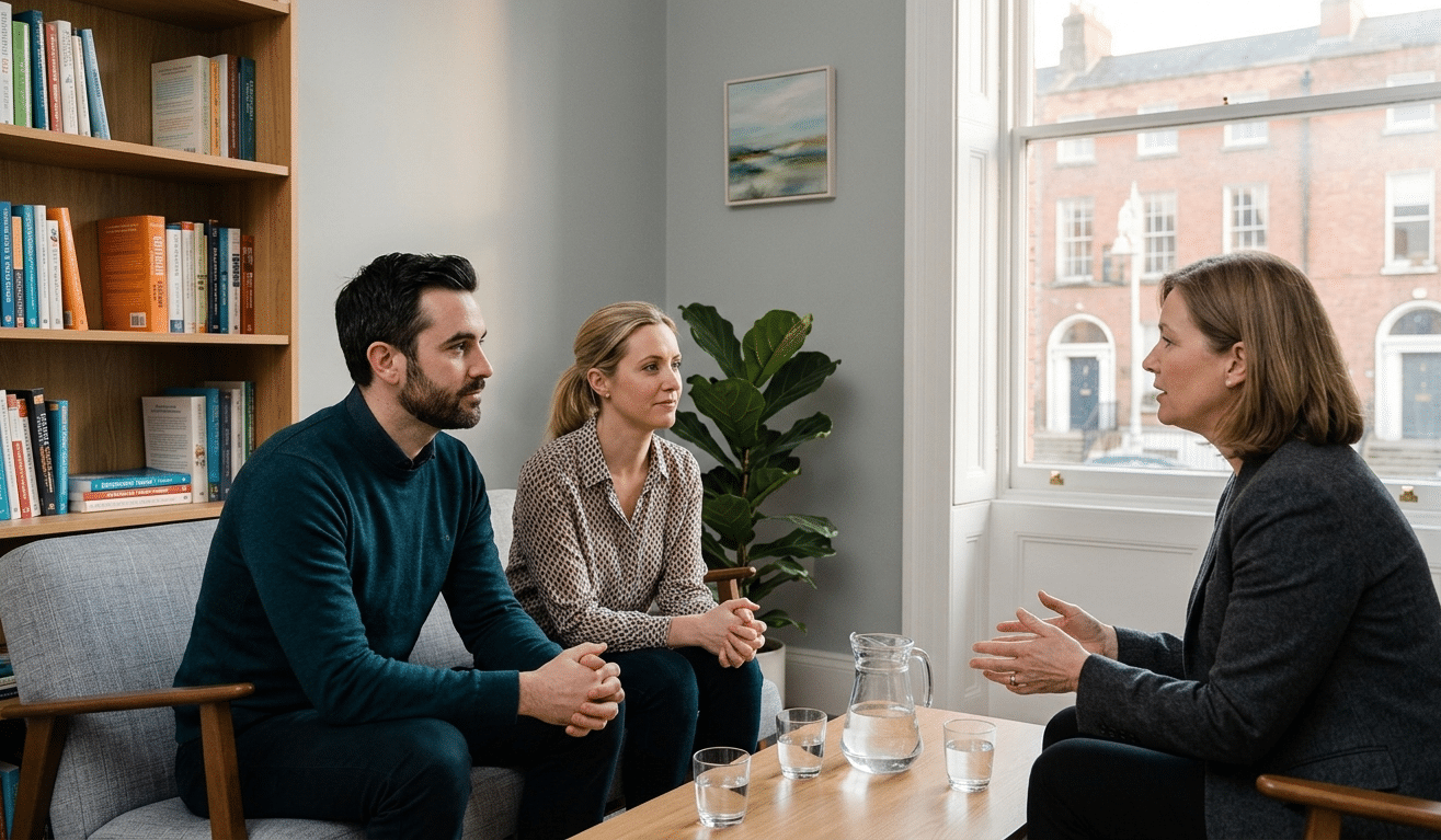 Couple and therapist in a quiet, modern office during a couples counselling session in Dublin
