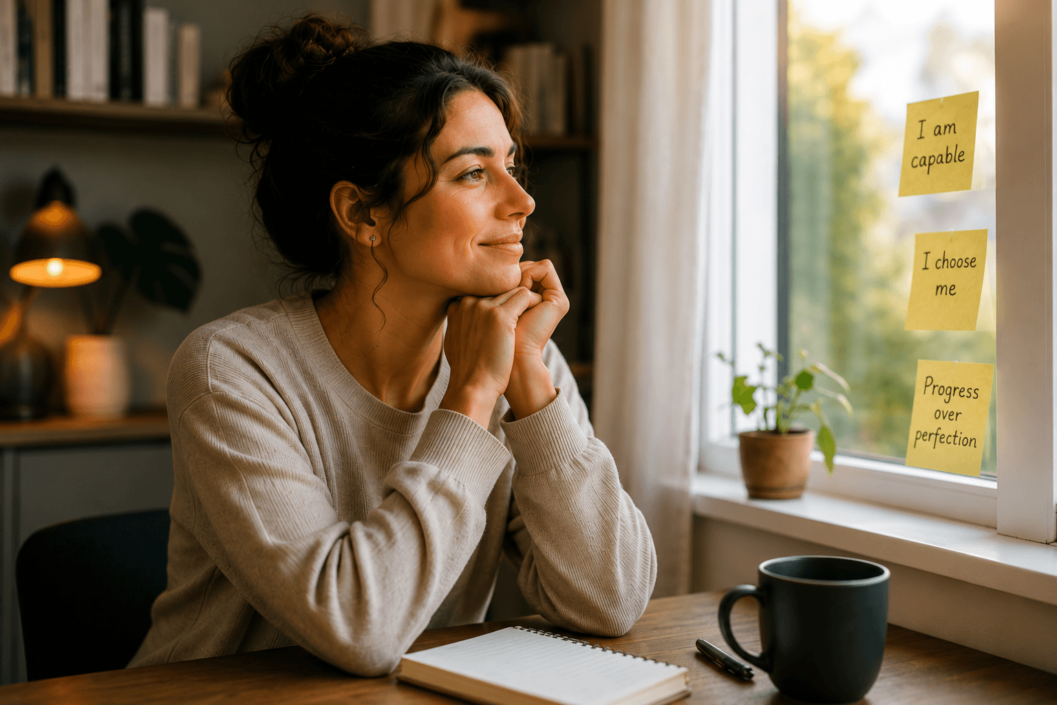 Woman looking out a window with a hopeful expression while reflecting on personal growth and self-acceptance