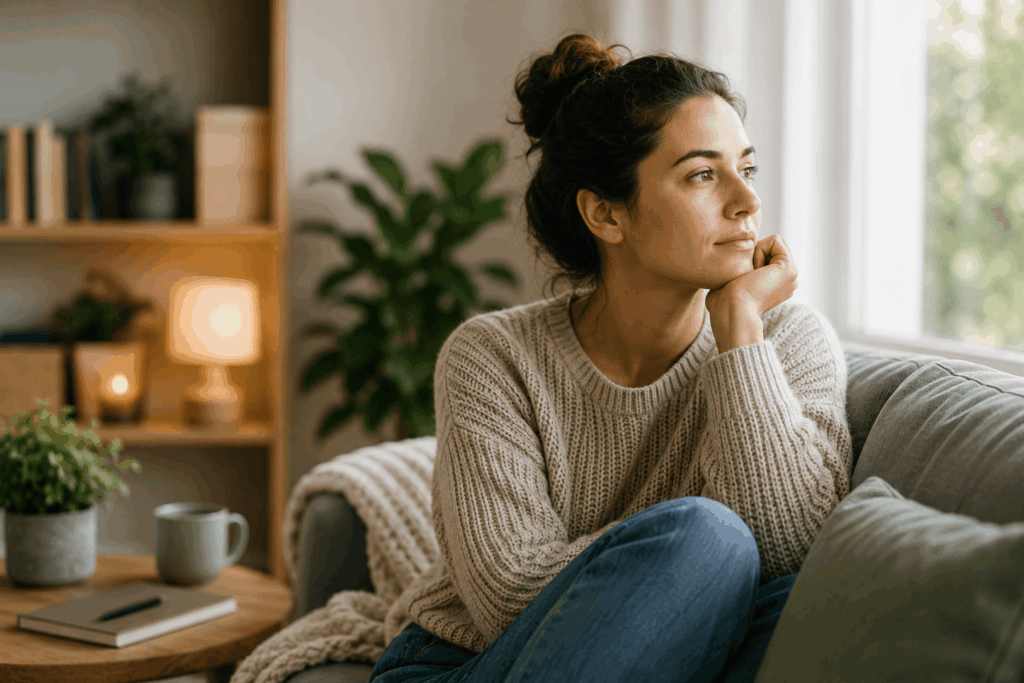 Thoughtful person sitting by a window in quiet reflection about self esteem counselling