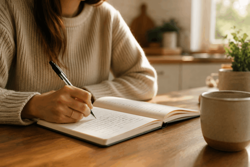 Person writing in a journal while reflecting on personal experiences.