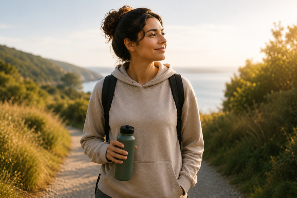 Woman enjoying a reflective walk along a coastal trail