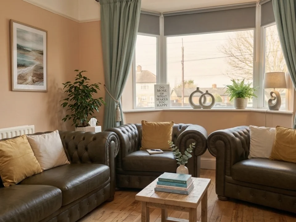 Cozy therapy room with comfortable seating.