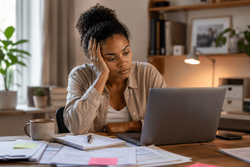 Woman struggling to concentrate on work as mental exhaustion affects her focus and productivity.