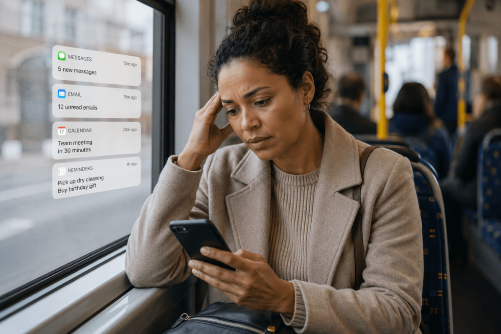 Woman feeling mentally overloaded by multiple demands and responsibilities throughout the day.