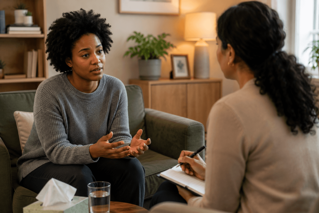 Woman discussing ongoing stress during a supportive stress counselling session.