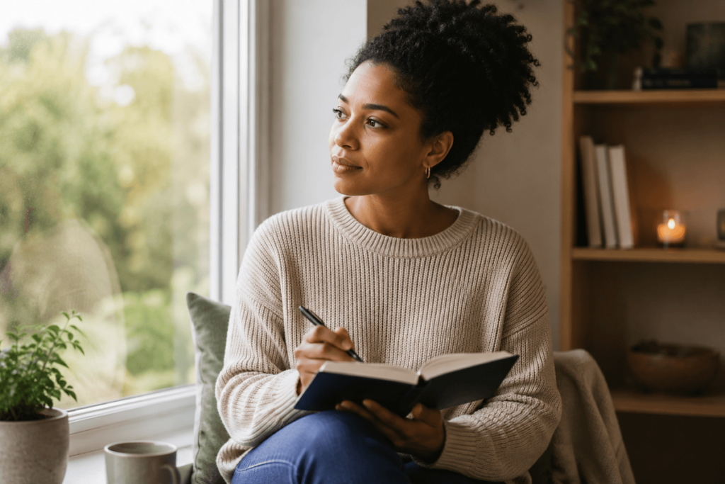 Woman reflecting on her thoughts and emotions while developing healthier ways to manage stress.
