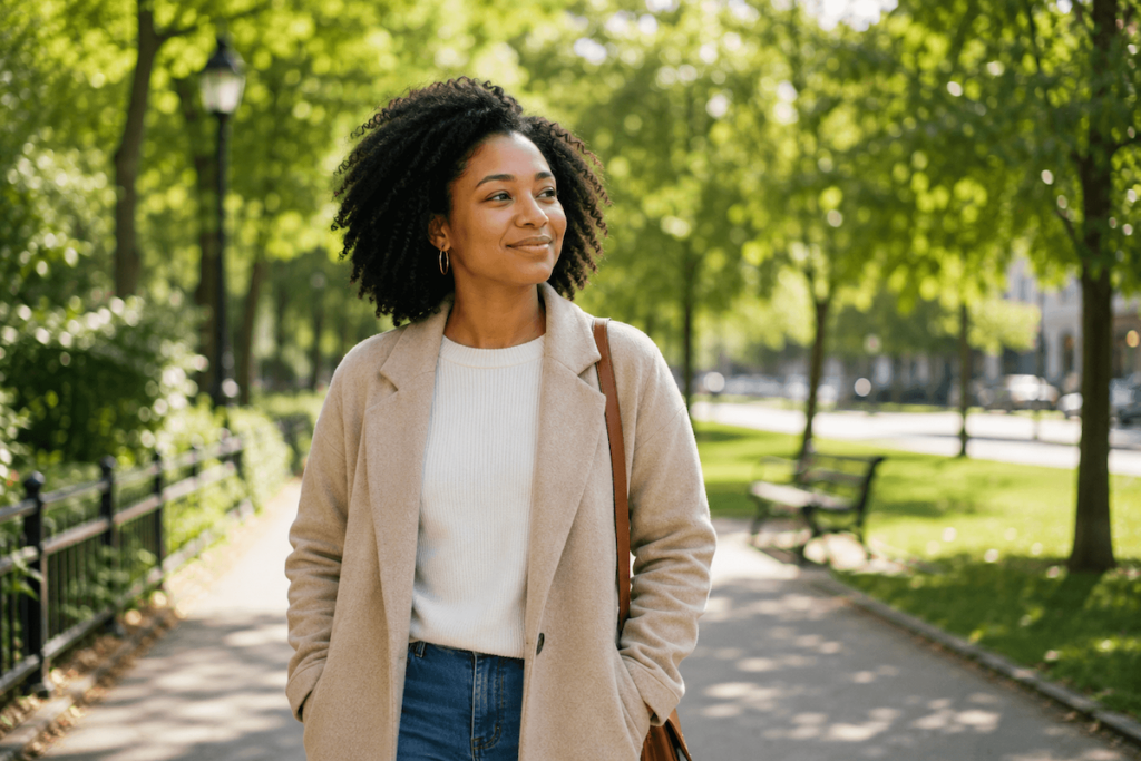 Woman feeling more balanced and emotionally resilient after learning healthier ways to manage stress.