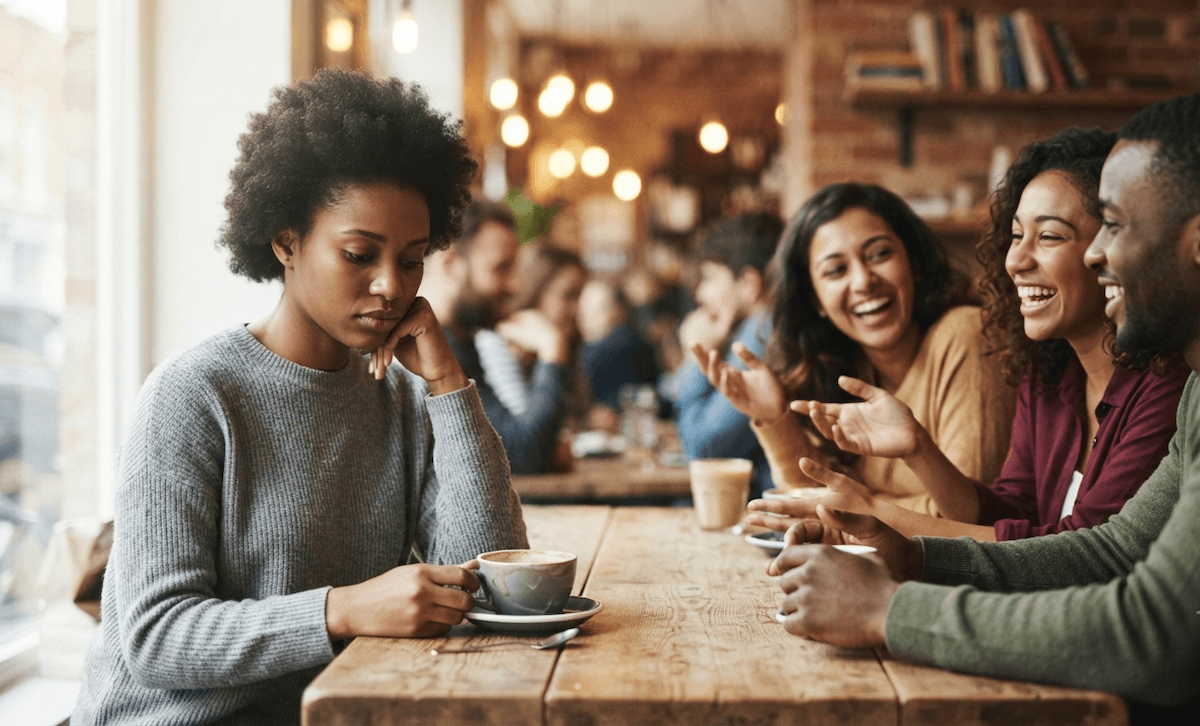 A woman experiences invisible mental exhaustion while feeling disconnected from her friends during a social gathering in a bustling cafe, prompting her to consider the benefits of stress therapy.