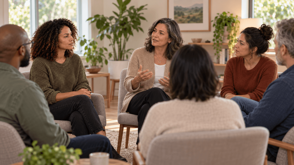 Adults taking part in a small anger management class with a facilitator