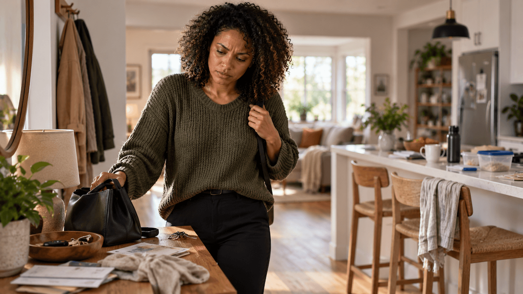 Woman feeling frustrated by a minor household mess after a demanding day
