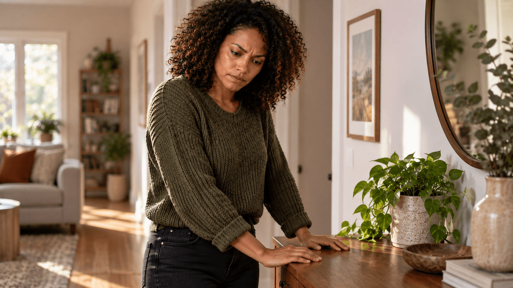 Woman showing physical warning signs of anger through tense hands and shoulders