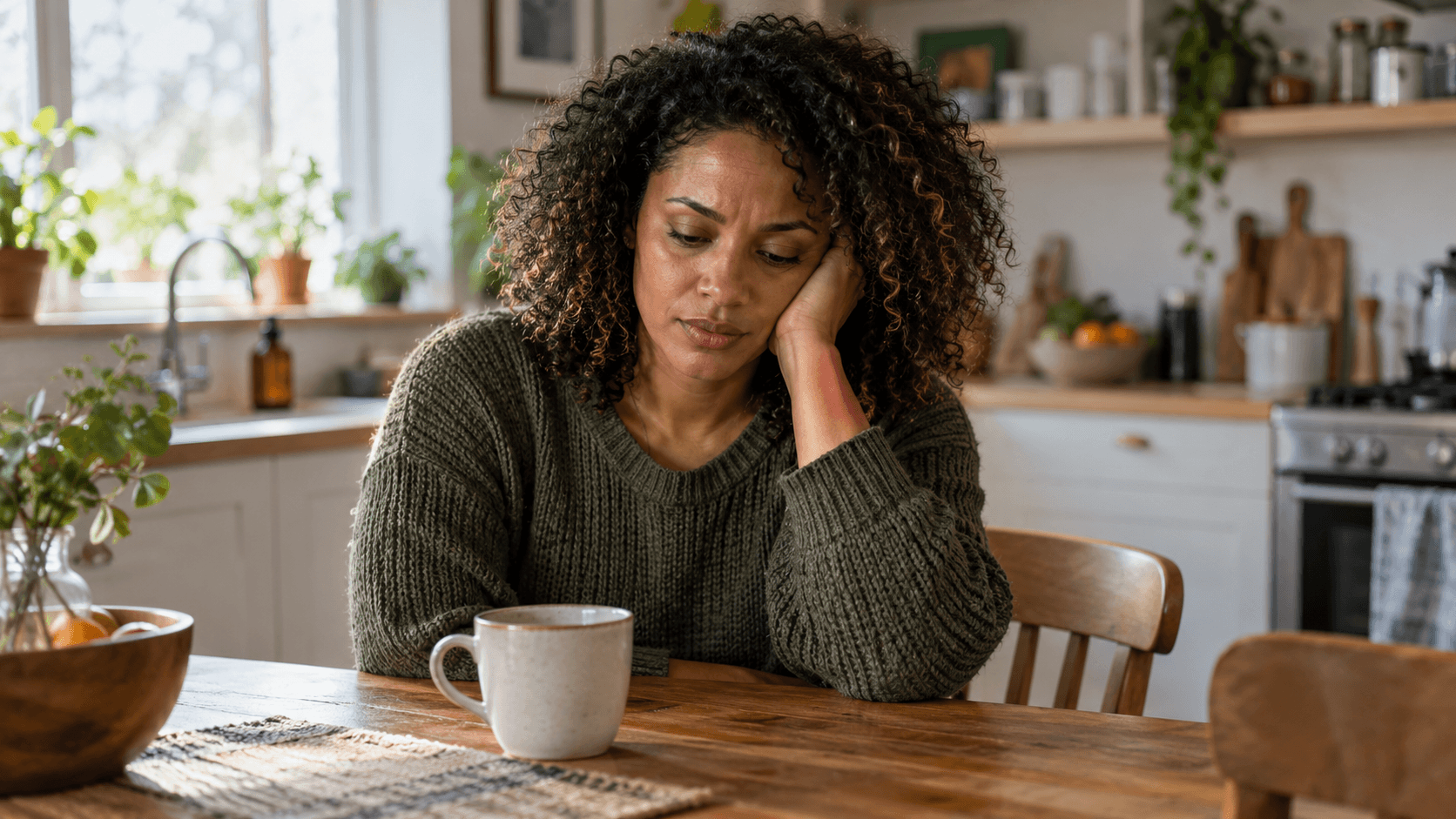 A woman reflecting at a kitchen table.