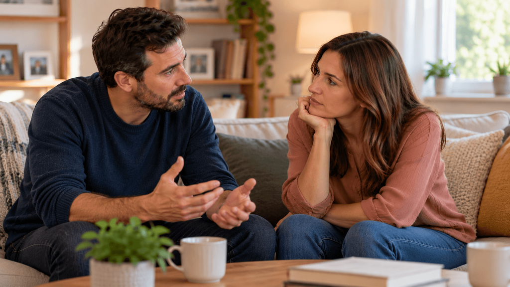 Married couple having a thoughtful conversation at home