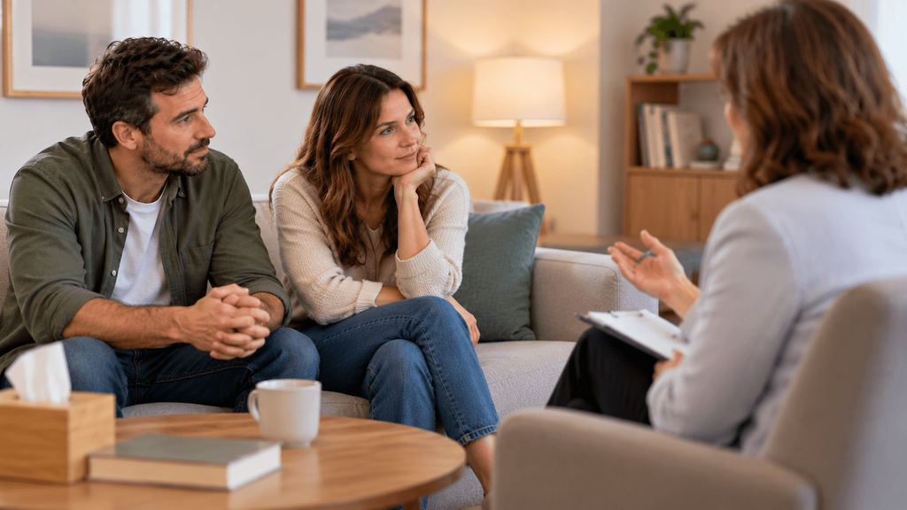 Couple discussing their relationship with a marriage counsellor
