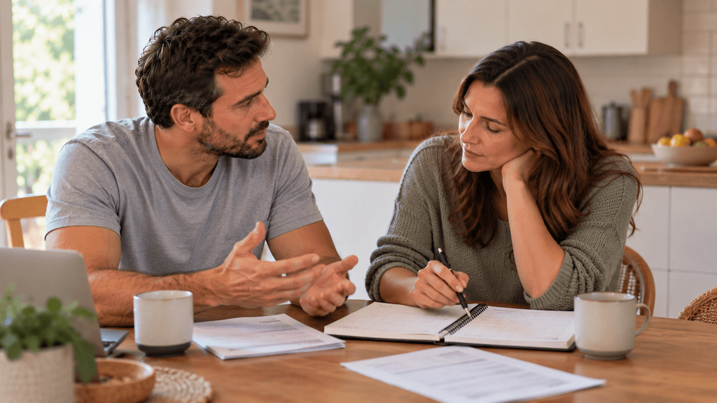 Couple discussing household responsibilities at their kitchen table