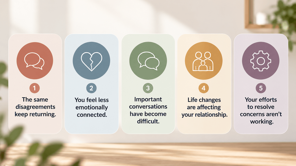 Checklist showing five reasons to consider marriage therapy.