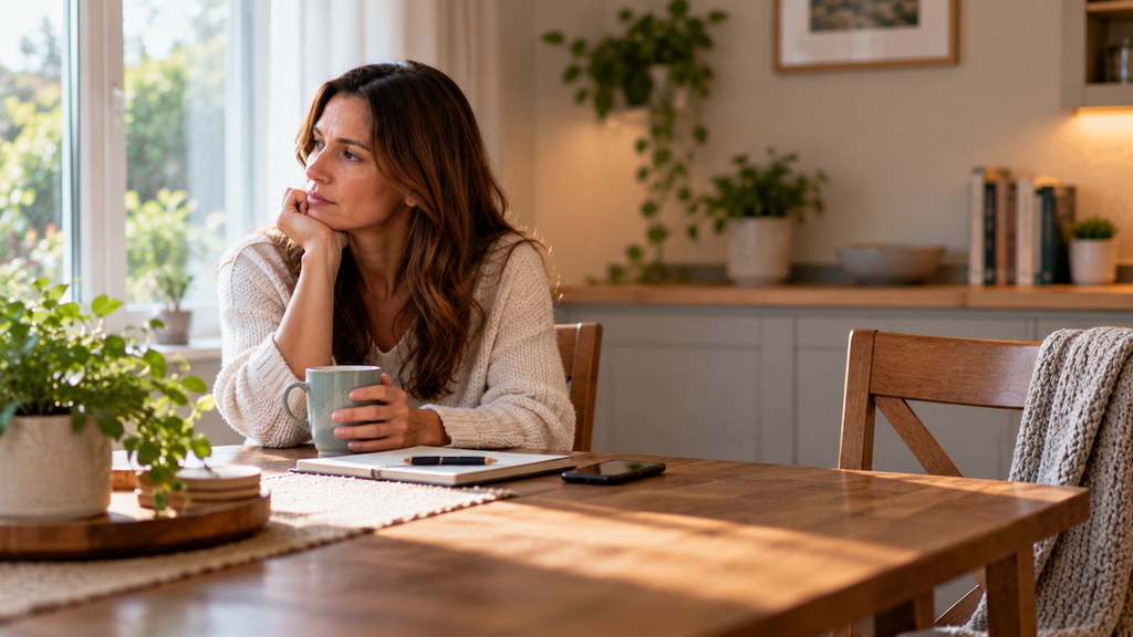 Woman sitting alone at home, reflecting on marriage therapy while holding a cup of tea.
