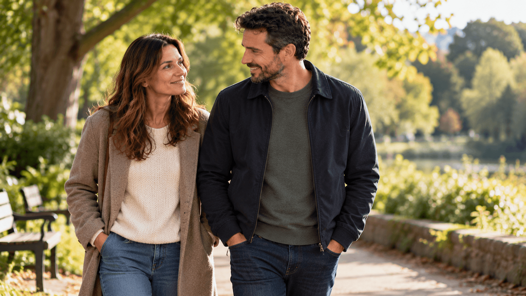 Married couple enjoying a relaxed walk together in a park.