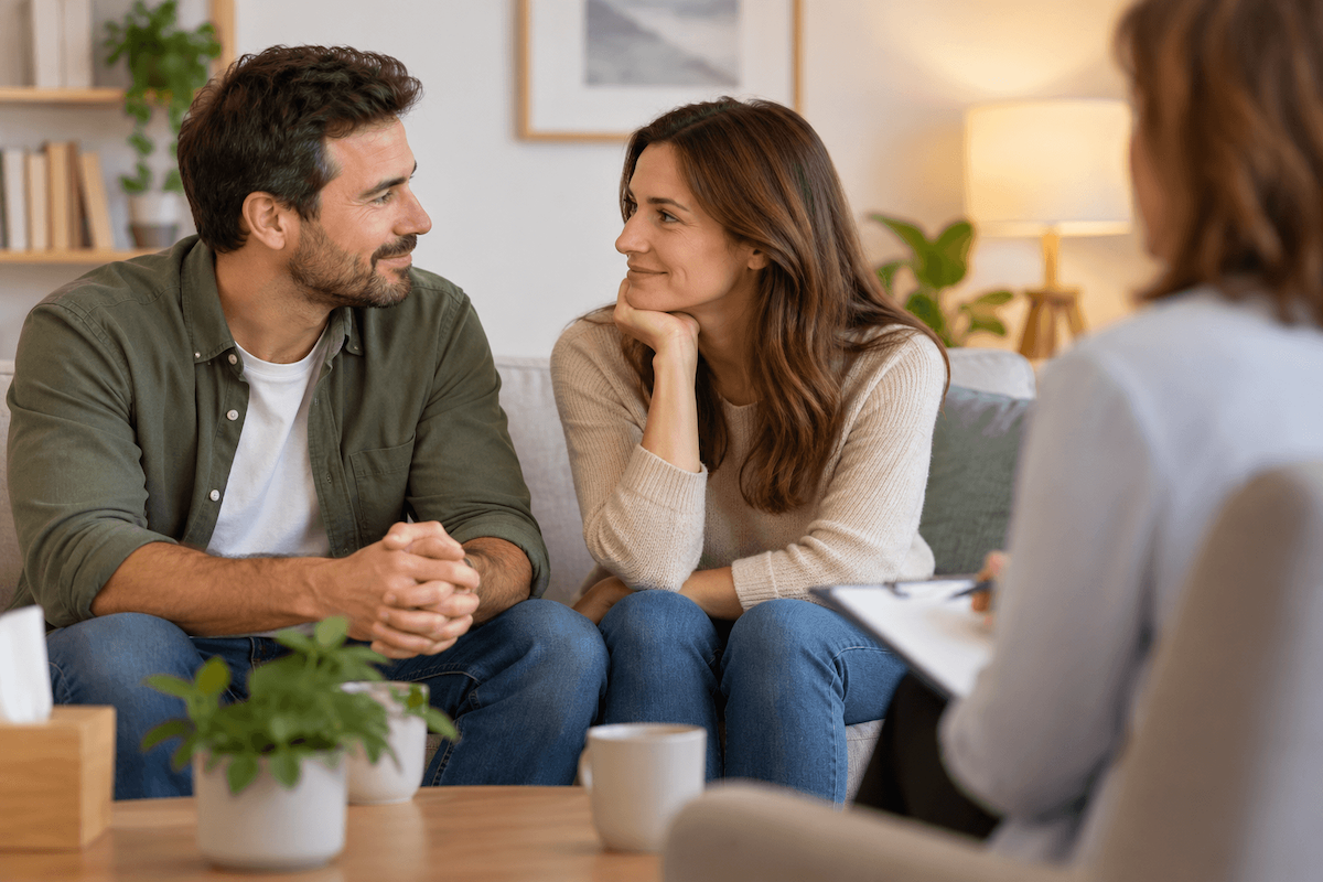 Couple sharing a warm moment during a marriage therapy session with a counsellor.